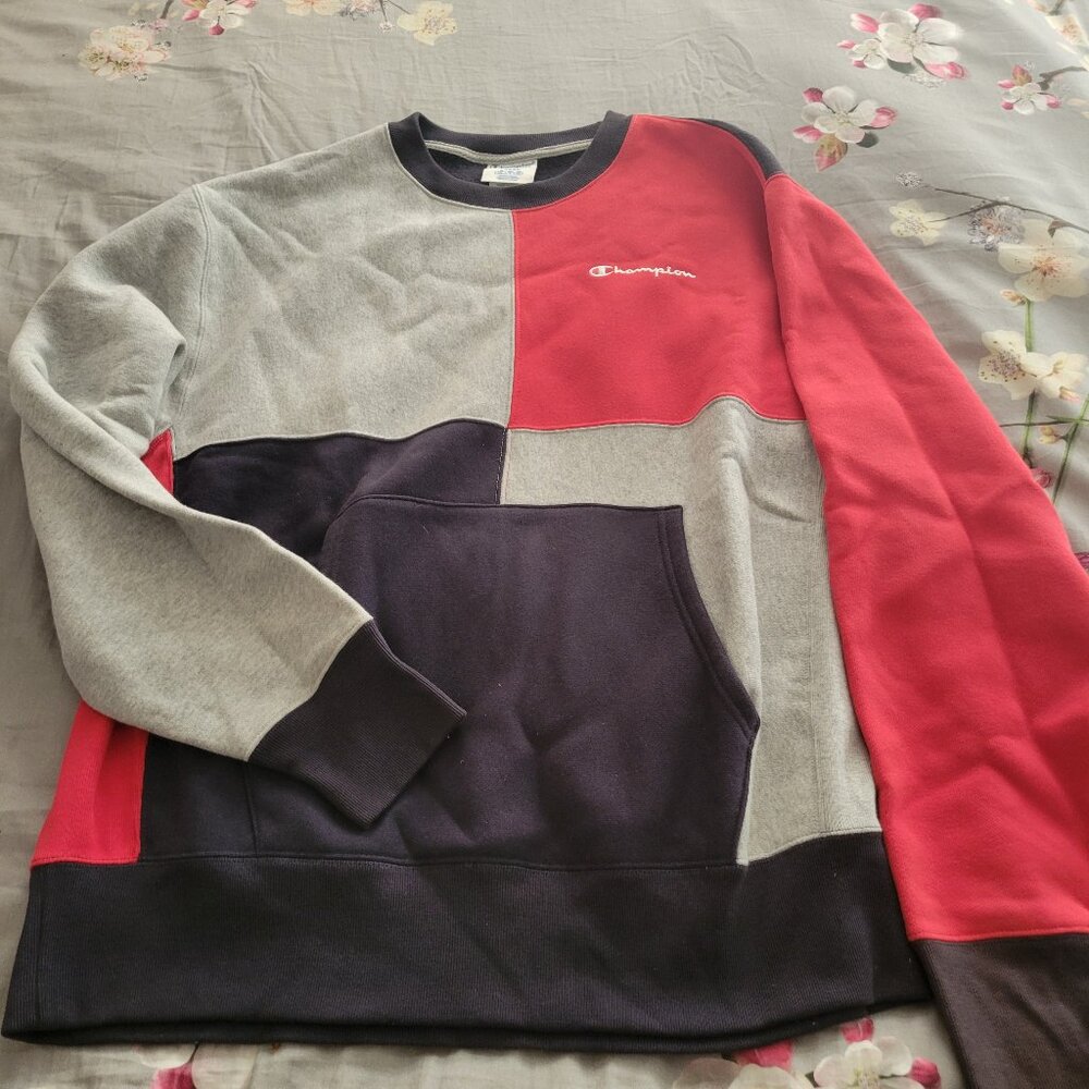 Men Large Color Block Champion Crewneck Sweatshirt blue, Gray, Red